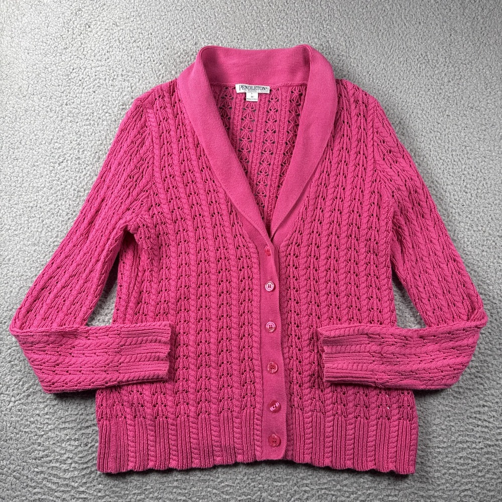 Pendleton Sweater Cardigan Womens PM Open Knit Button‎ Up Pink Barbie Girly